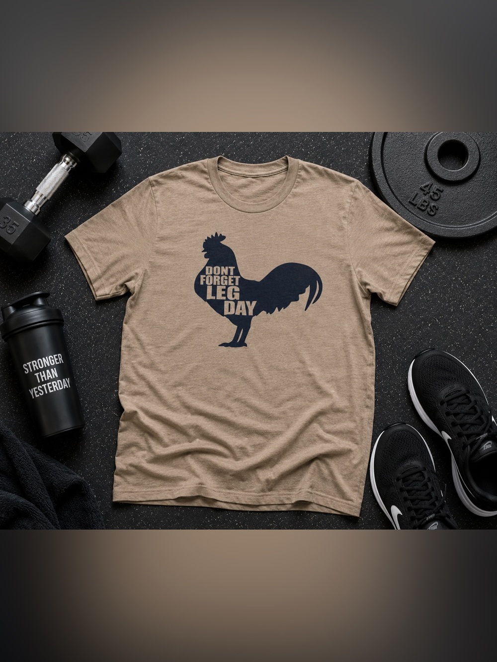 Don’t Forget Leg Day Funny Chicken Gym Graphic Tee Tan Sz L